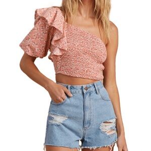NWOT Billabong x The Salty Blonde Floral One-Shoulder Pink Crop Top Size Large